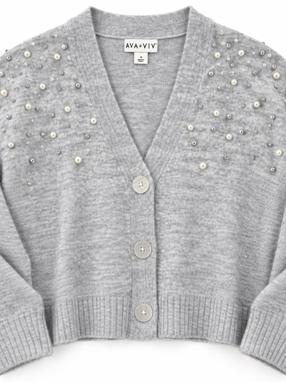 Ava & Viv Gray Pearl Rhinestone Embellished Cardigan 1X - Picture 3 of 8